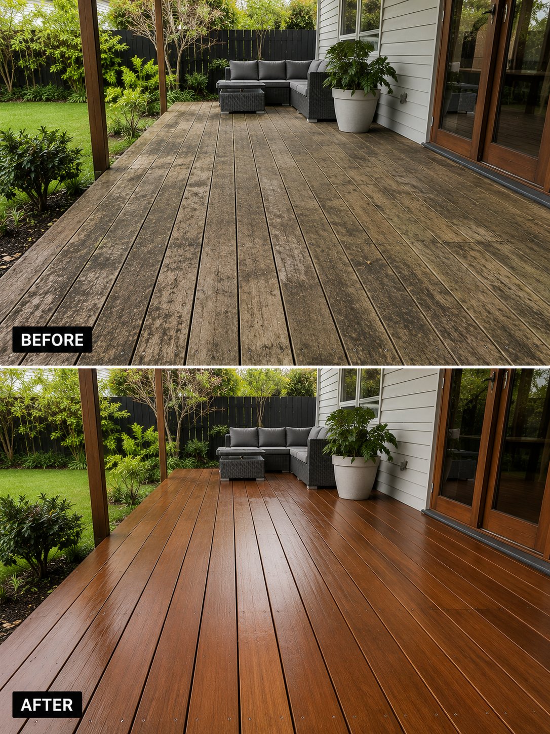 Timber deck pressure cleaning before and after, deck restored, Sunshine Coast