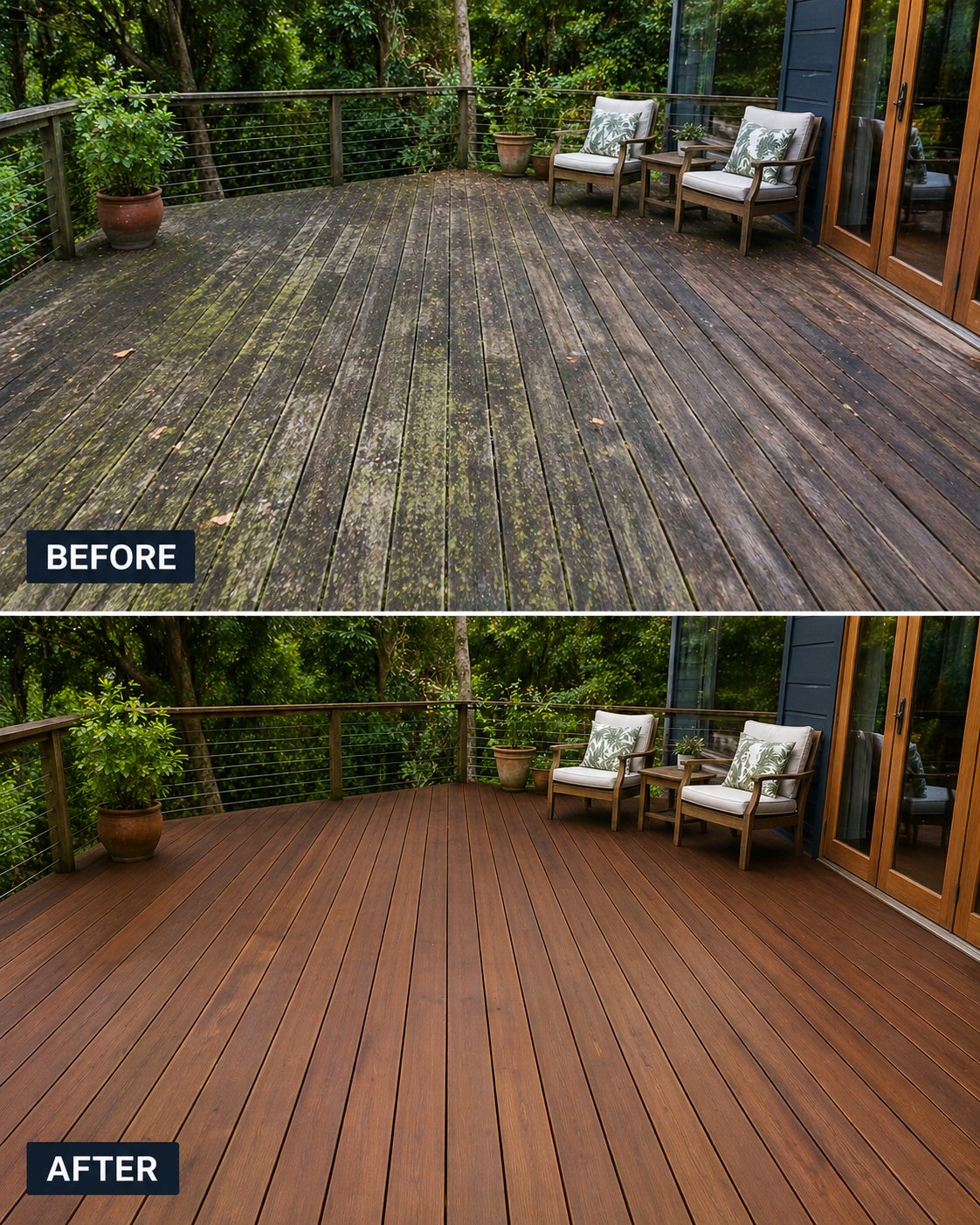 Deck cleaning before and after, mould removed, natural timber colour restored