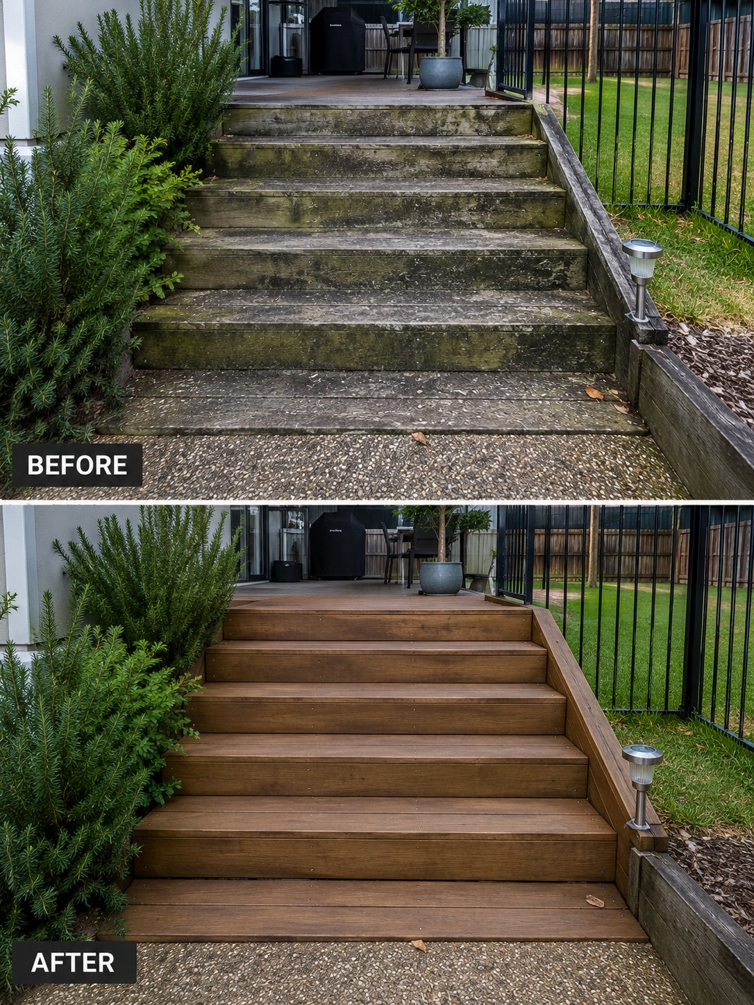 Deck stairs pressure cleaning before and after, Sunshine Coast
