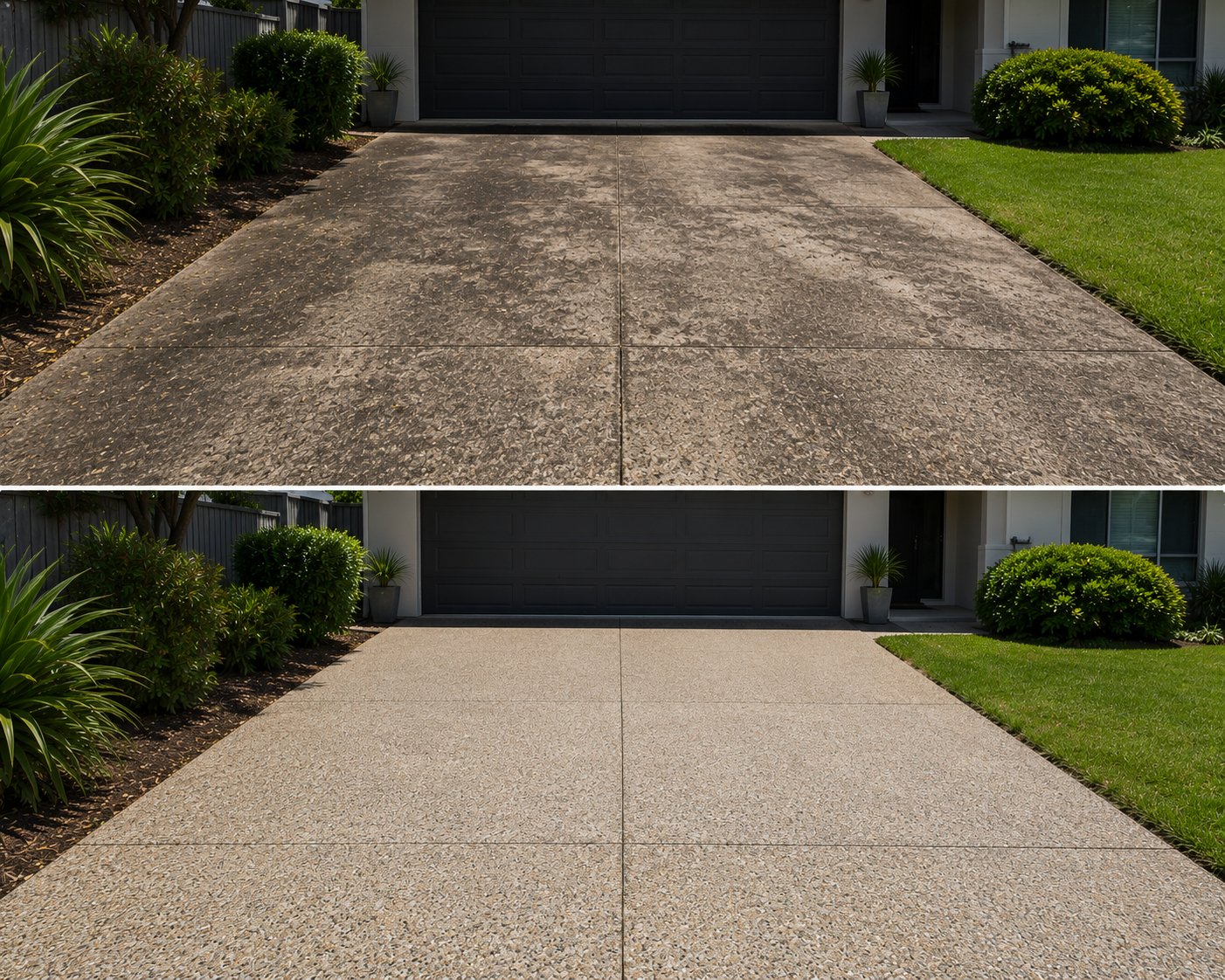 Driveway pressure cleaning before and after, concrete restored, Sunshine Coast
