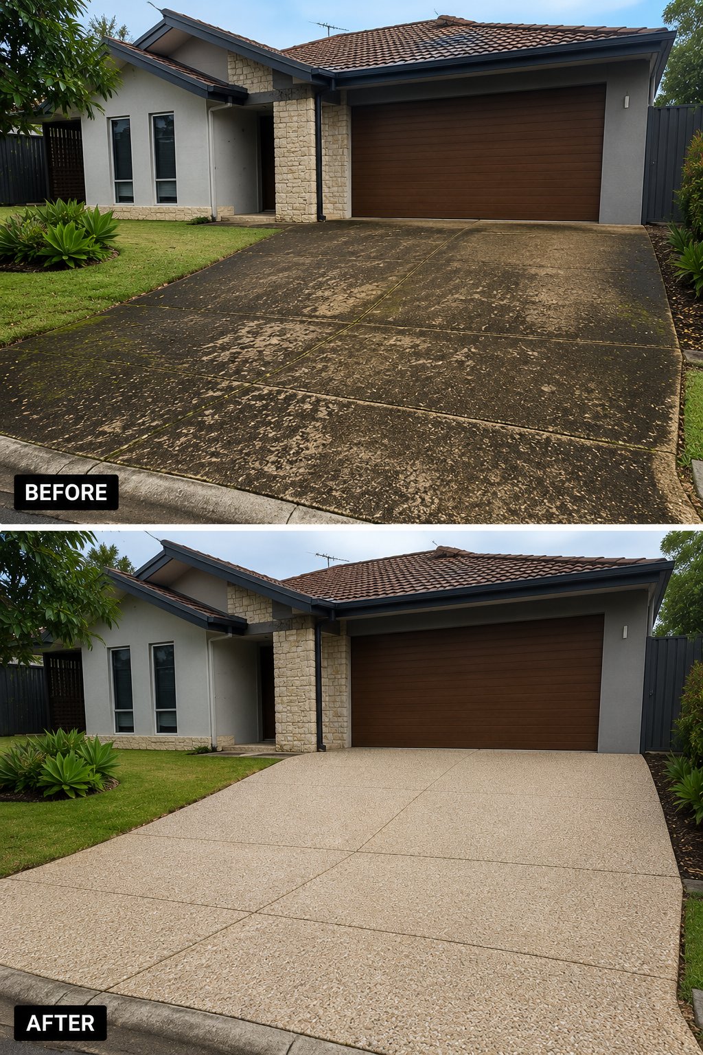 Before and after driveway pressure cleaning, exposed aggregate driveway restored, Sunshine Coast