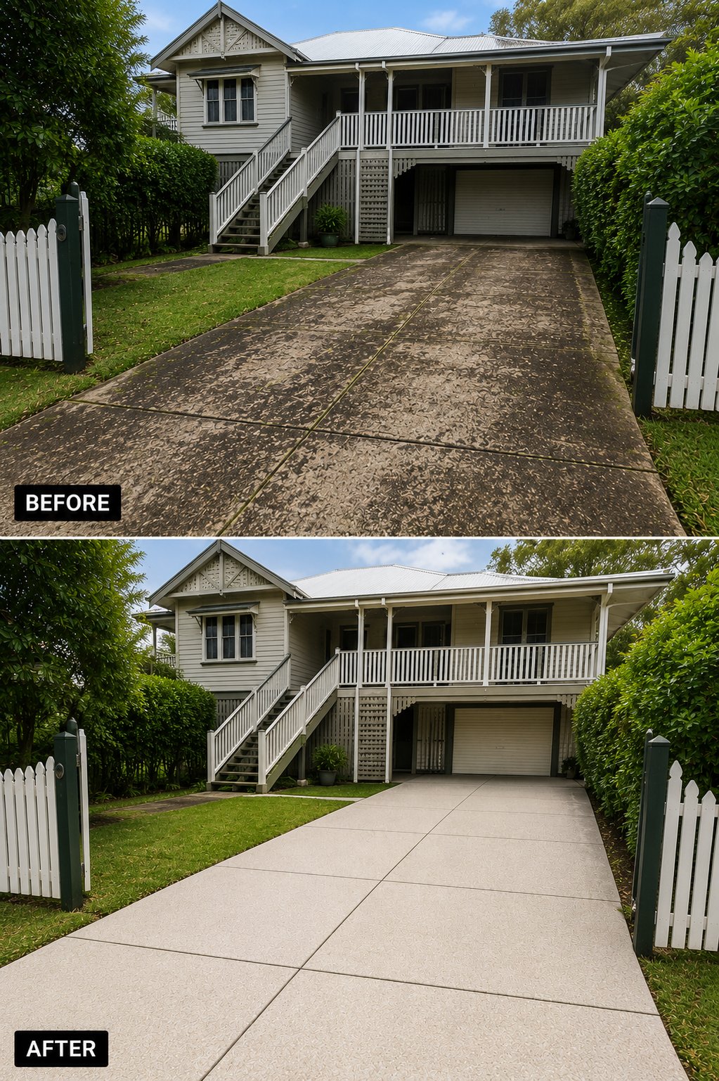 Driveway cleaning before and after on Sunshine Coast property