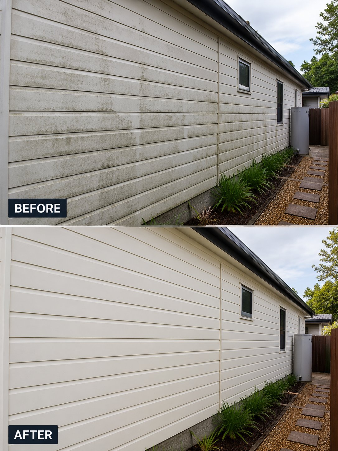 House soft washing before and after, mould removed from exterior walls, Sunshine Coast