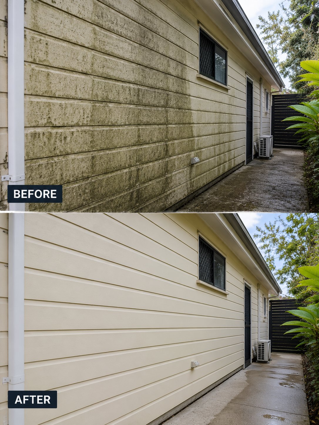 Before and after exterior house washing, weatherboard cleaned, Sunshine Coast