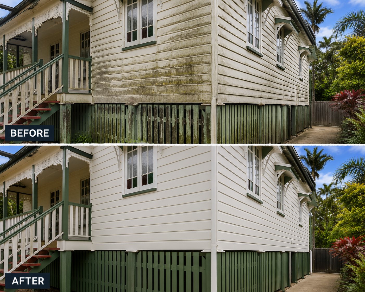 Queenslander house exterior soft washing before and after, Sunshine Coast