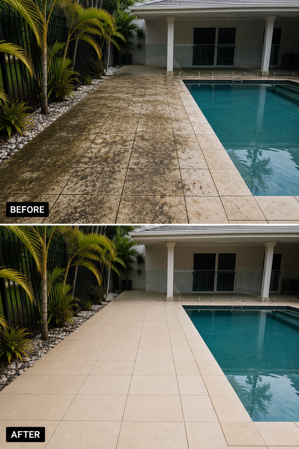 Pool area pressure cleaning before and after, pavers restored, Sunshine Coast
