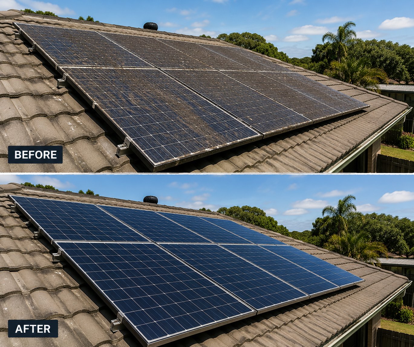 Solar panel cleaning before and after, output restored, Sunshine Coast