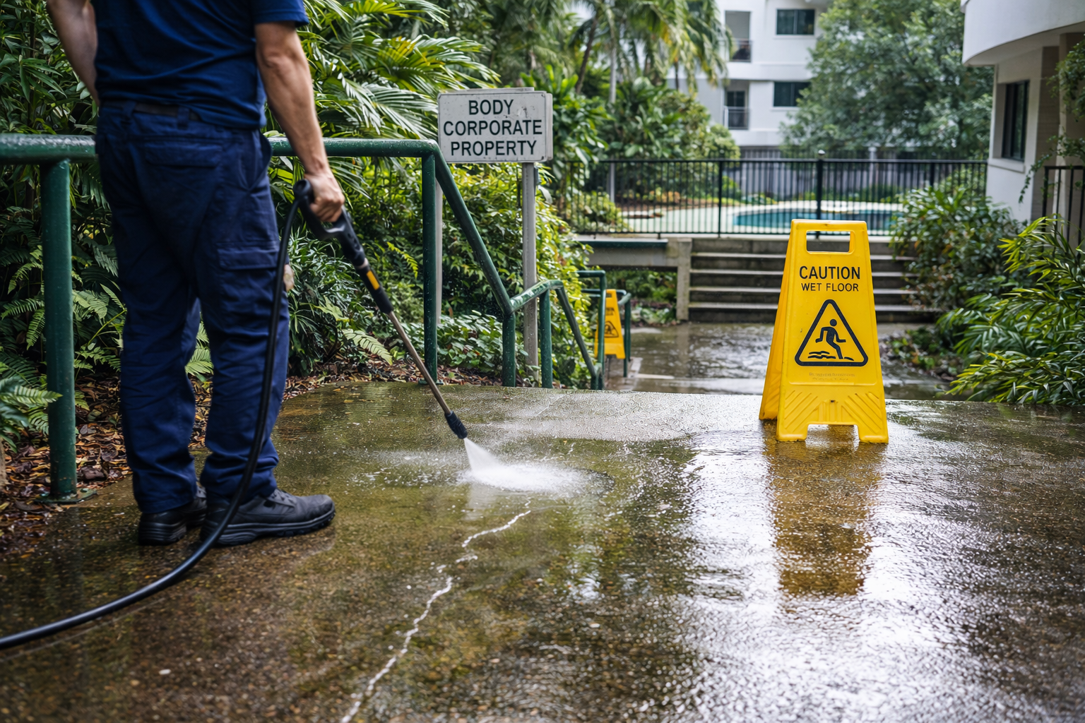 Body corporate property pathway being pressure cleaned with caution wet floor sign showing professional slip hazard management
